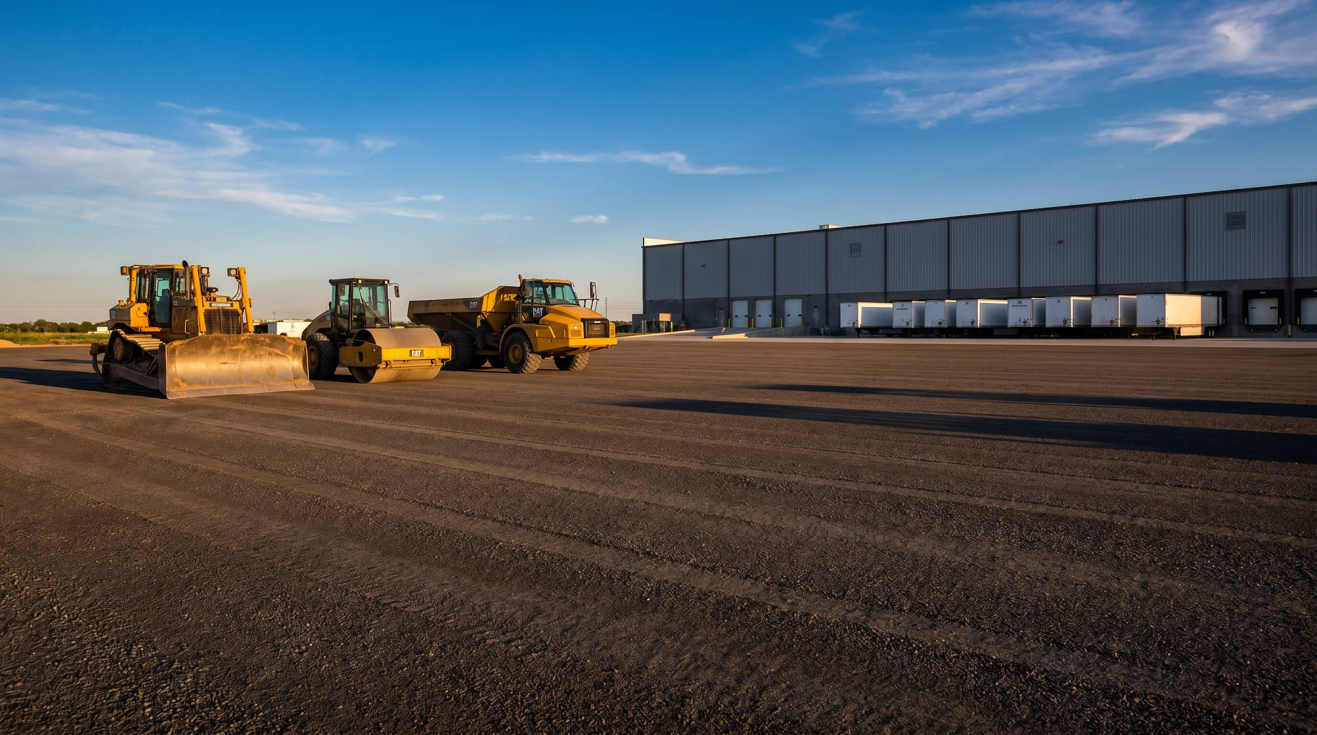 Oxen Civil equipment fleet staged on a graded site near Lynchburg, VA where drainage and grading work is underway