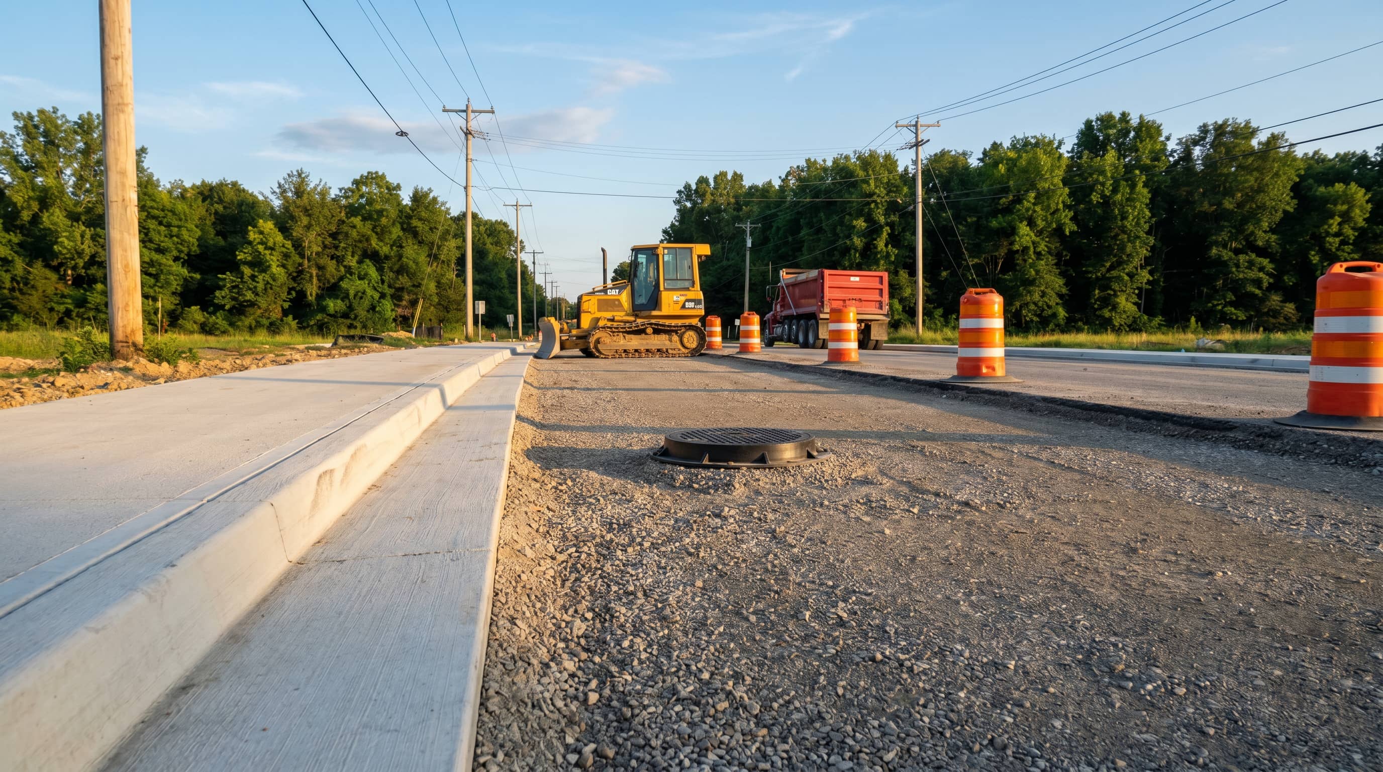 CAT dozer and haul truck at an Oxen Civil infrastructure project subject to Virginia stormwater regulations
