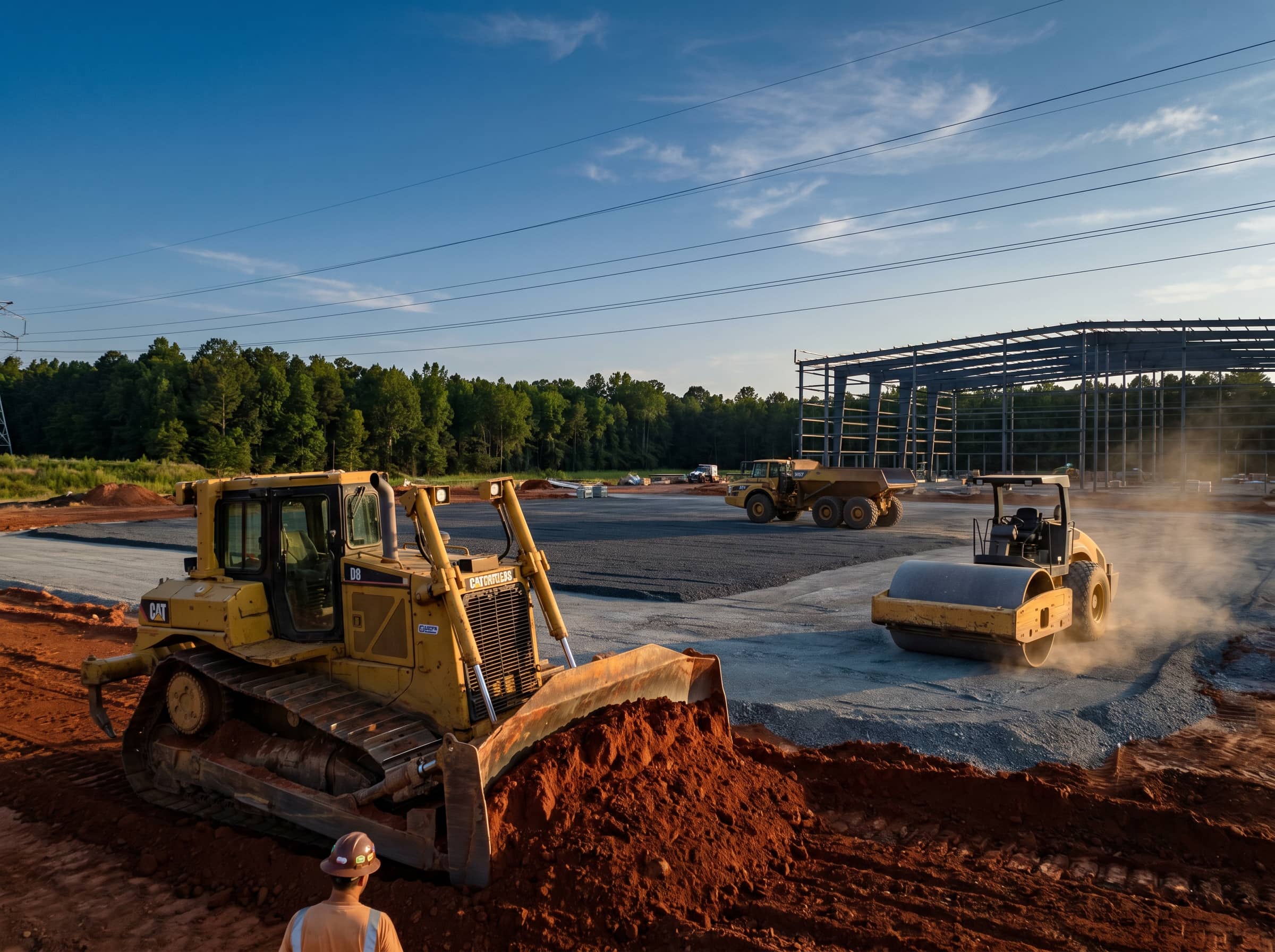 Oxen Civil crews grading and regrading a site to correct surface water drainage near Lynchburg, VA
